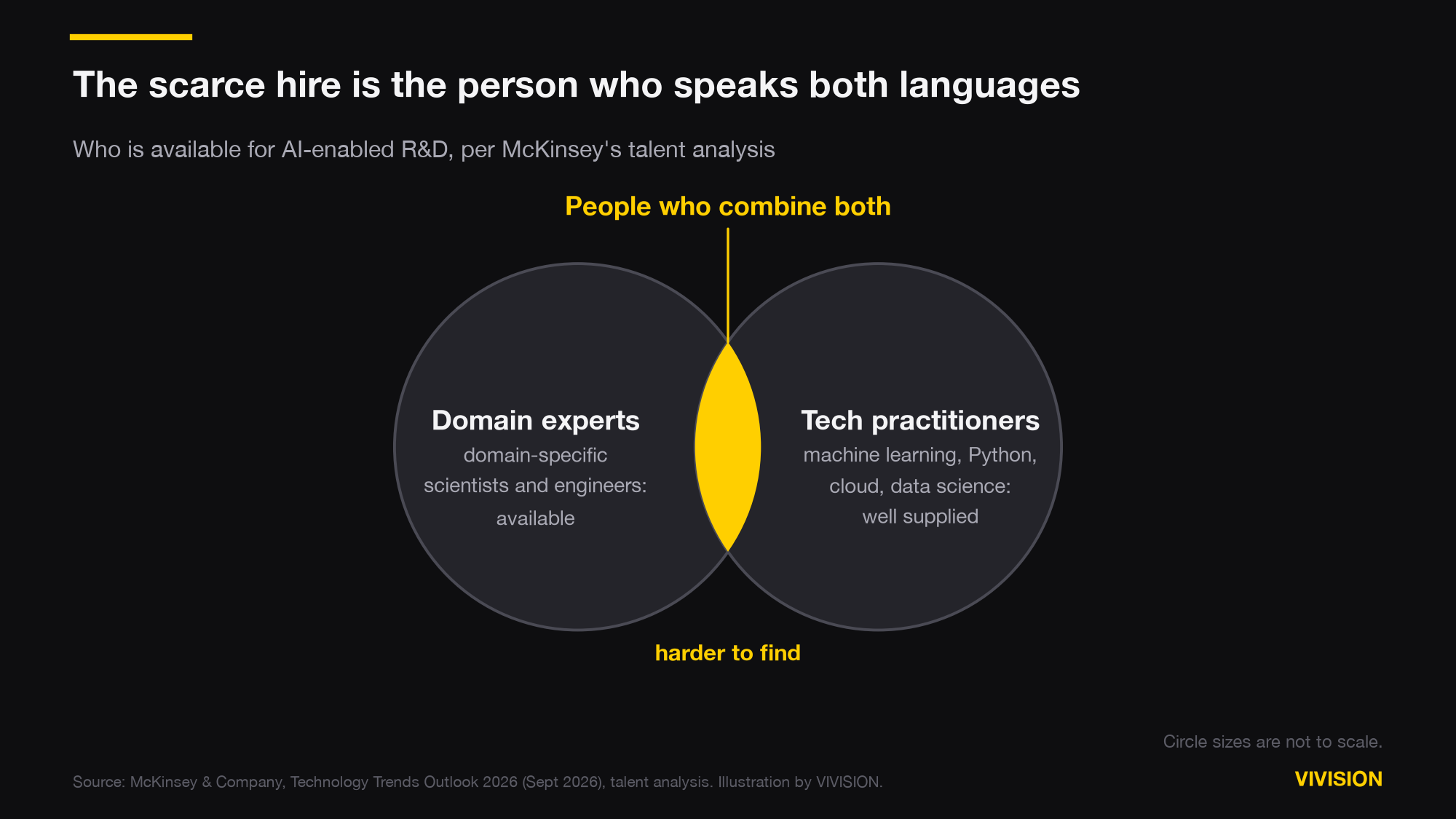 Two overlapping circles. Left: domain experts, domain-specific scientists and engineers, available. Right: tech practitioners with machine learning, Python, cloud and data science skills, well supplied. The small gold overlap, people who combine both, is harder to find.